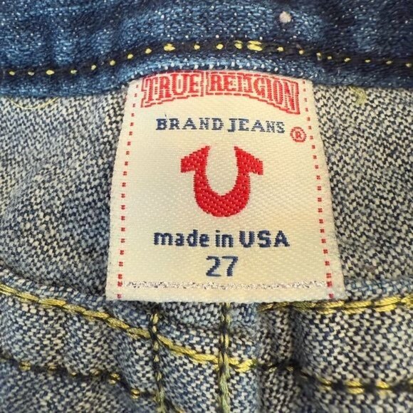 True Religion Jeans Joey Big T Flare Twisted Leg Size 27 Waist Denim Gold Stitch - Picture 8 of 13